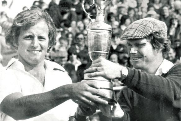 Newton and Tom Watson hold aloft the Claret Jug at the 1975 British Open.