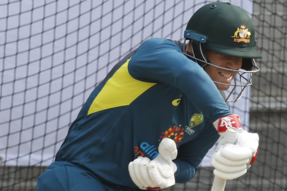 David Warner winces in pain after striking his left thumb. 