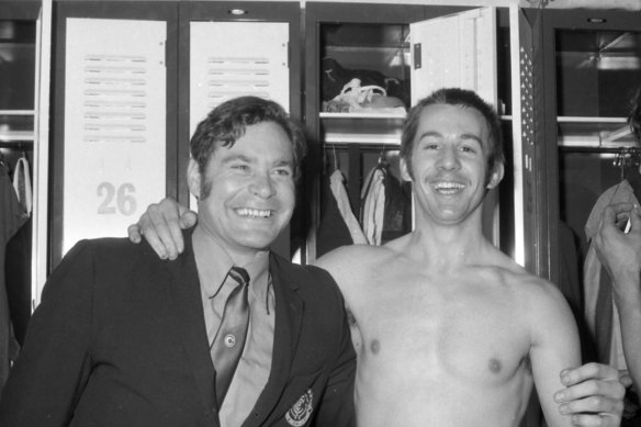 Carlton’s Brent Crosswell with coach Ron Barassi in the changing rooms after Carlton defeated Collingwood in the final round of the season in 1971.