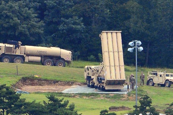 US missile defense system called Terminal High Altitude Area Defense, or THAAD, is seen at a golf course in Seongju, South Korea.