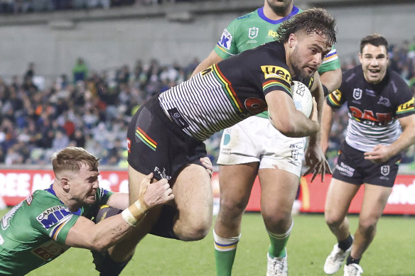 Jaeman Salmon scored the final try in Penrith’s win over Canberra.