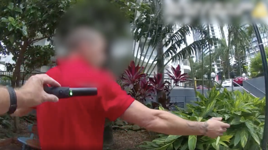 Queensland police officers search people with metal detection wands.