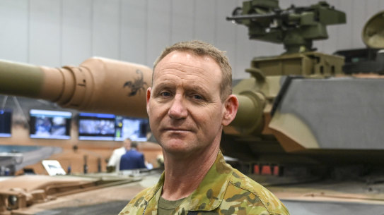 Bernie Maus who commands a US-made Abrams tank with the first of new models arriving in Australia, unveiled at the Land Forces expo.