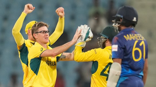 Australia’s Adam Zampa celebrates the wicket of Sri Lanka’s Maheesh Theekshana.