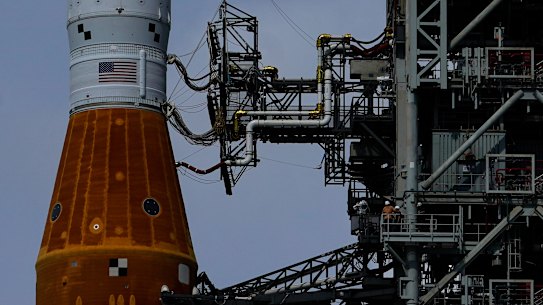 The NASA moon rocket stands on Pad 39B before the Artemis 1 mission to orbit the moon at the Kennedy Space Centre, in Cape Canaveral, Florida. 