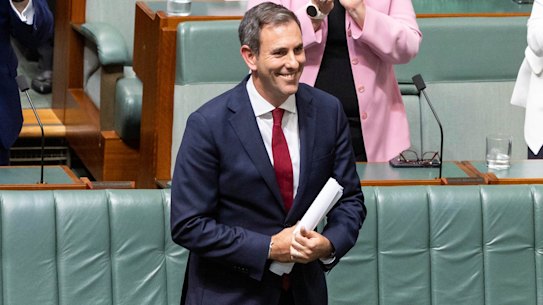 Treasurer Jim Chalmers is congratulated by colleagues after delivering the budget speech.