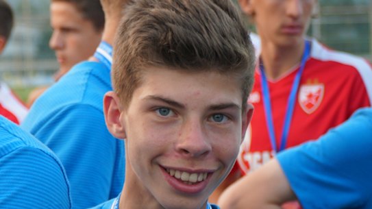 Socceroos star Jordan Bos, right, playing for Melbourne City’s academy in 2017.    