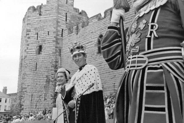 Charles with the Queen at his investiture as Prince of Wales at the ancient Caernarvon Castle in North Wales in 1969.