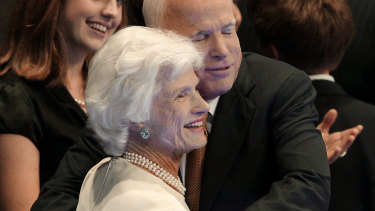 Then Republican presidential nominee John McCain embraces his mother, Roberta, following his acceptance speech in 2008.