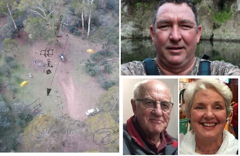 Gregory Lynn’s sketch of the Bucks Camp site for police; Gregory Lynn (top right); Carol Clay and Russell Hill.