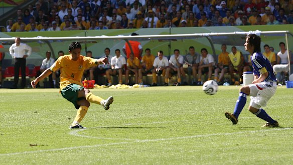Tim Cahill scores his second goal to put Australia into a 3-1 lead over Japan at the 2006 Cup in Germany.