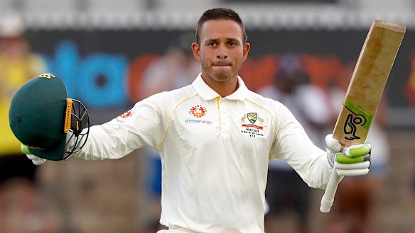 Usman Khawaja celebrates.