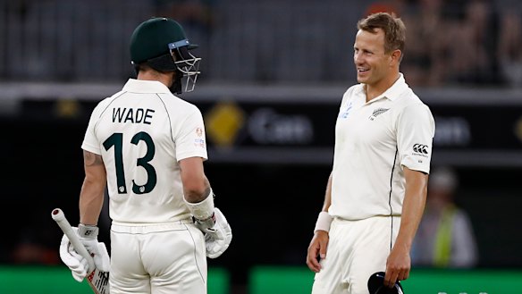 Neil Wagner and Matt Wade share some words in a heated final hour on day three.