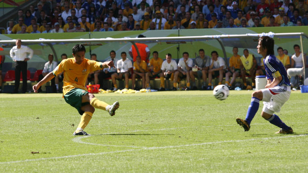 Tim Cahill scores his second goal to put Australia into a 3-1 lead over Japan at the 2006 Cup in Germany.