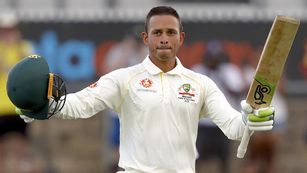 Usman Khawaja celebrates.