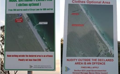 Signs at Tyagarah Beach, in February last year, outlined where swimmers could strip down – and where they couldn’t. Since then, the clothing-optional signs have been removed. Nude bathing is no longer an option.