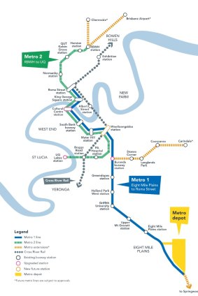 The Brisbane Metro network in 2024, with proposed future extensions marked in yellow.