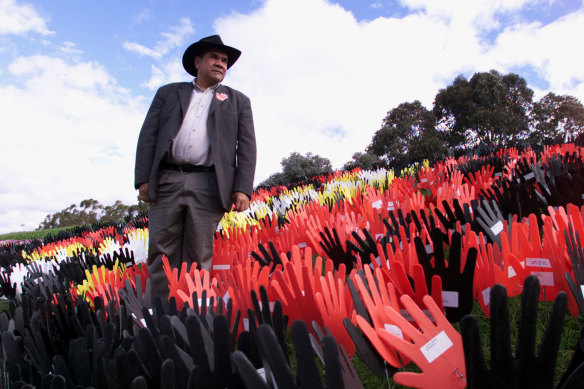 Mick Dodson at the National Museum in Canberra calling on both major parties to address Indigenous affairs issues during the election campaign, 2014.