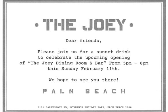A copy of the flyer advertising a “sunset drinks” event at The Joey in Palm Beach, ahead of its official opening.