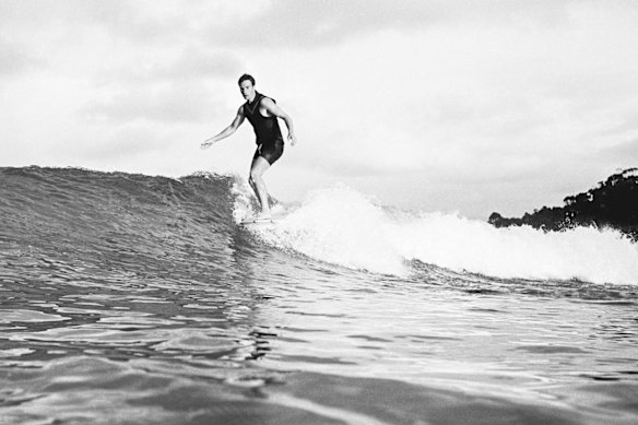 Rip Curl co-founder Brian “Sing Ding” Singer poised on a little Lorne Point peeler in 1965.