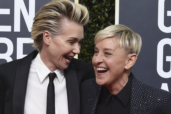 Portia de Rossi and Ellen DeGeneres arrive at the 77th annual Golden Globe Awards.