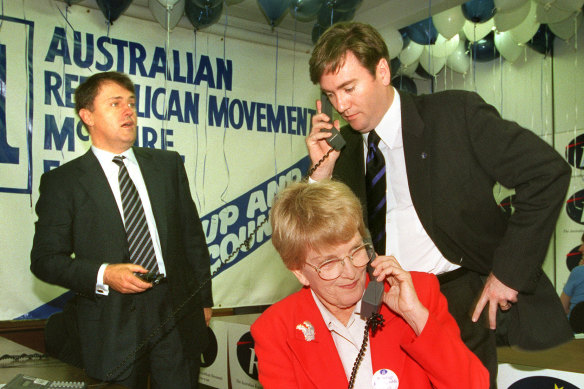 The Republican movement launches in South Melbourne, 1997: Malcolm Turnbull, Hazel Hawke and Eddie McGuire.
