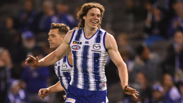 Ben Brown celebrates his fifth goal at Marvel Stadium.