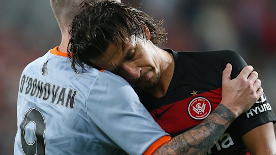 Wanderers' Daniel Georgievski shows the pain of another defeat.