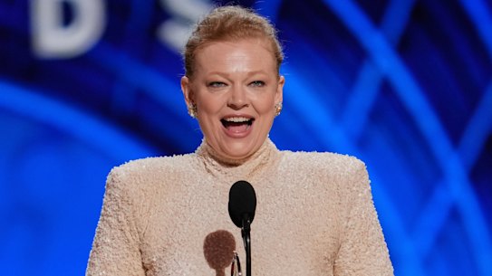 Sarah Snook accepts the award for best performance by an actress in a leading role in a play for The Picture of Dorian Gray on Sunday in New York.