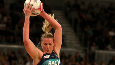 Caitlin Thwaites of the Vixens control the ball at Melbourne Arena.