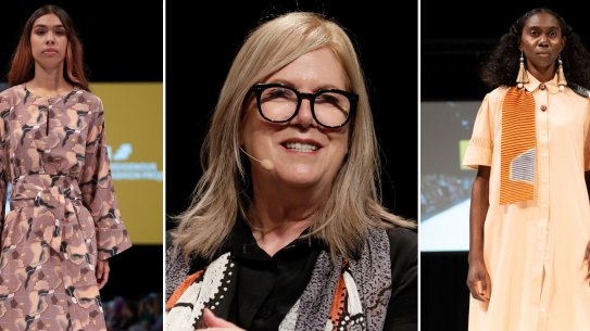 Ngali designs at the Country to Couture show Darwin, as part of the Darwin Aboriginal Art Fair, August 2 and designer Denni Francisco.