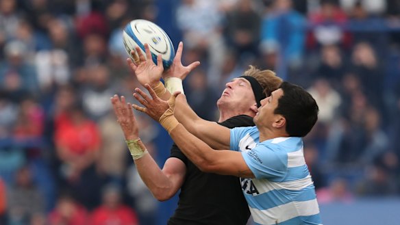 Anybody's ball: Jordie Barrett and Matias Moroni compete for a high ball.