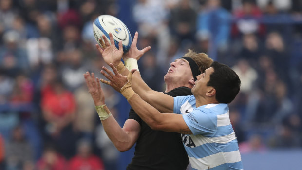 Anybody's ball: Jordie Barrett and Matias Moroni compete for a high ball.