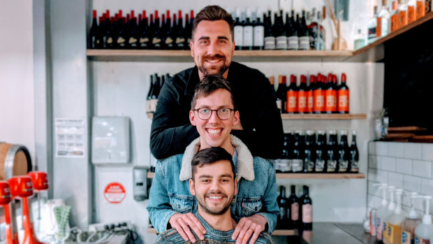 Commune Wine Store co-owners Peter Baker and Chris Ford with manager Alex Cilliers.
