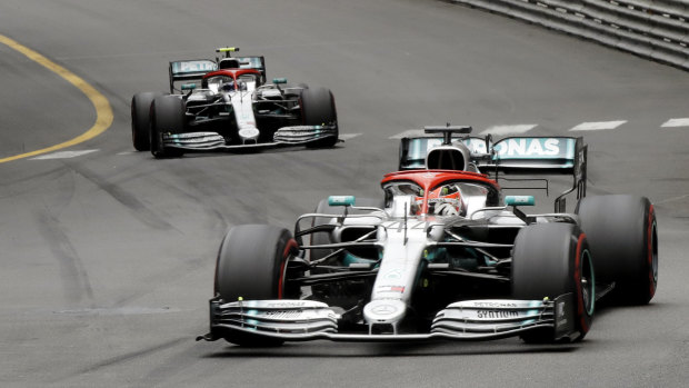 Mercedes driver Lewis Hamilton leads his teammate driver Valtteri Bottas.