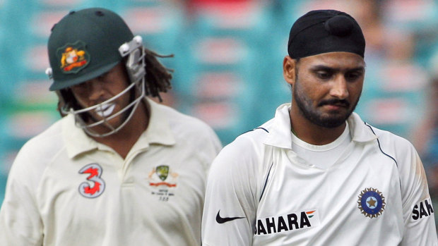 Powderkeg: Harbhajan Singh and Andrew Symonds at the SCG in 2008.