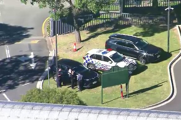 Police patrolled a Brisbane school on Tuesday after a 17-year-old boy suffered stab wounds.