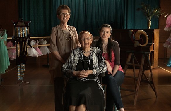 Family tradition: Regent Calisthenic College founder Enid Feltham (centre), pictured in 2012 with her daughter, Diane Synnott (left), and granddaughter Brooke Synnott (right).
