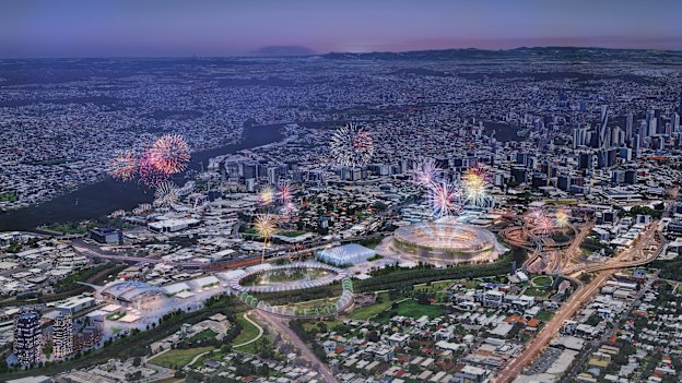 Artists’ impression of Wilkinson Eyre’s proposal for an Olympic stadium at the Mayne rail stabling yards.