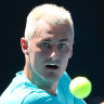 Bernard Tomic practices on Monday.