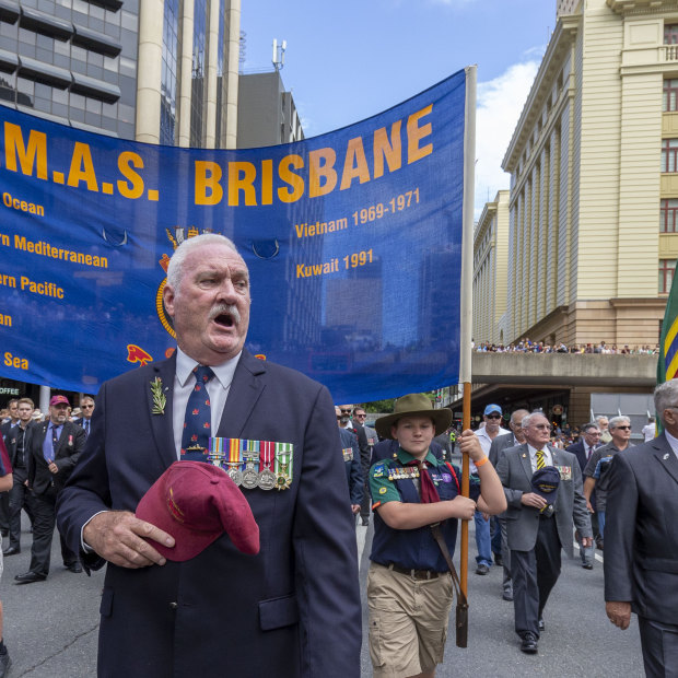 Soldiers from the H.M.A.S. Brisbane march during the Anzac Day parade in Brisbane/