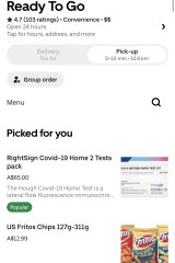A screenshot of the Uber Eats app showing rapid tests available for purchase through a convenience store in Sydney.