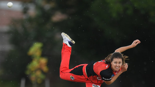 Dominant: Renegades spinner Molly Strano sends down a delivery during the WBBL clash against Brisbane at the Geelong Cricket Ground.