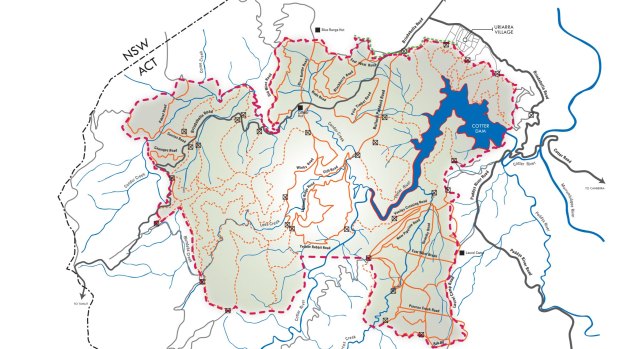A map of the Lower Cotter Catchment Reserve.