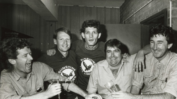 The Coodabeen Champions photographed at Sunshine FC in 1985. Left to right: Ian Cover, Simon Whelan, Greg Champion, Tony Leonard and Jeff Richardson.