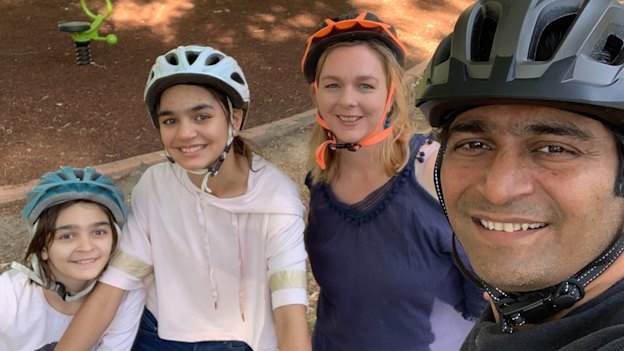 Anisha Digumarti, 10; Ishika Digumarti, 12; Michaela Sargent and Rama Digumarti, an Indooroopilly family who have been out cycling since the pandemic began.