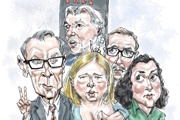 Bridget Archer (centre) with (from left) Bob Carr, Julian Assange, David Shoebridge and Monique Ryan.