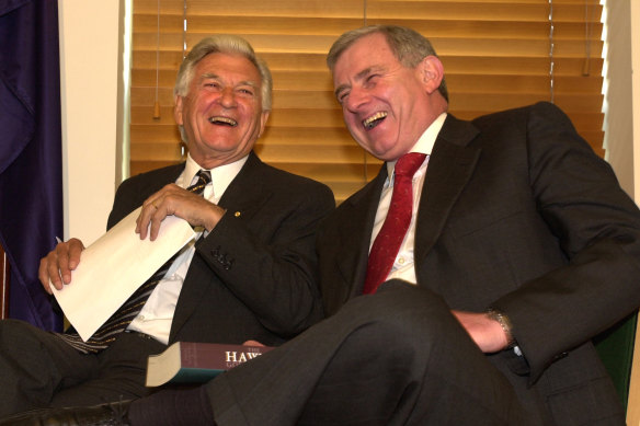 Former prime minister Bob Hawke and then-opposition leader Simon Crean at a book launch in 2003.