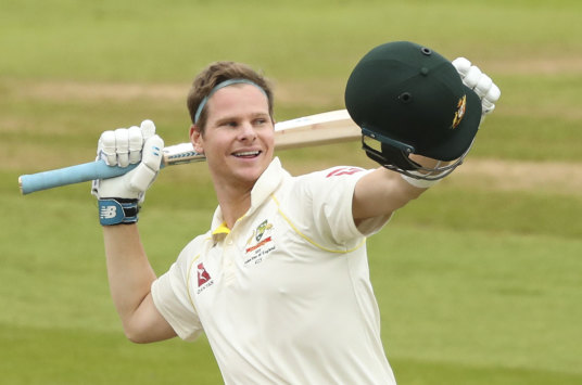 Steve Smith celebrates after scoring his second ton during the Edgbaston Test in 2019.