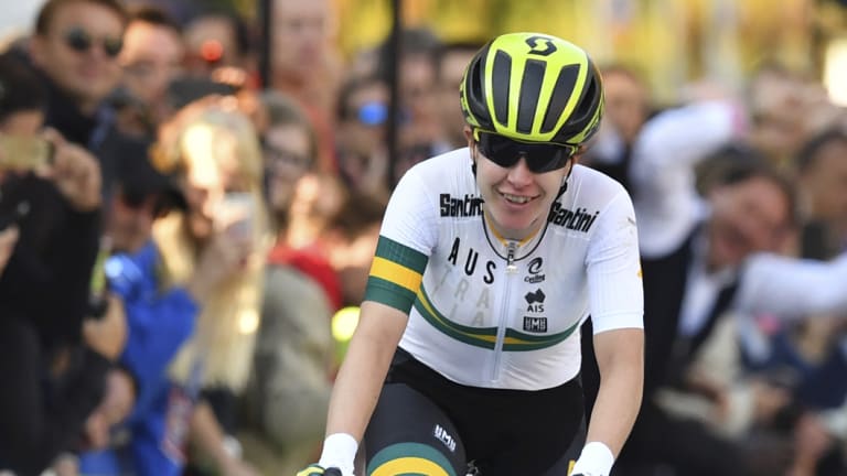 Hosts: Australia's Amanda Spratt finishing second at this year's Road Cycling World Championships in Austria.